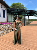 Vestido Longo verde oliva Acetinado Corset decote Joana