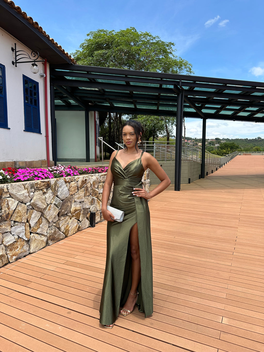 Vestido Longo verde oliva Acetinado Corset decote Joana