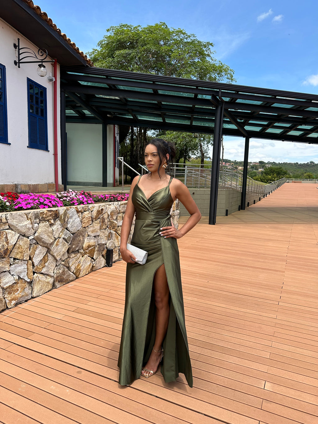 Vestido Longo verde oliva Acetinado Corset decote Joana
