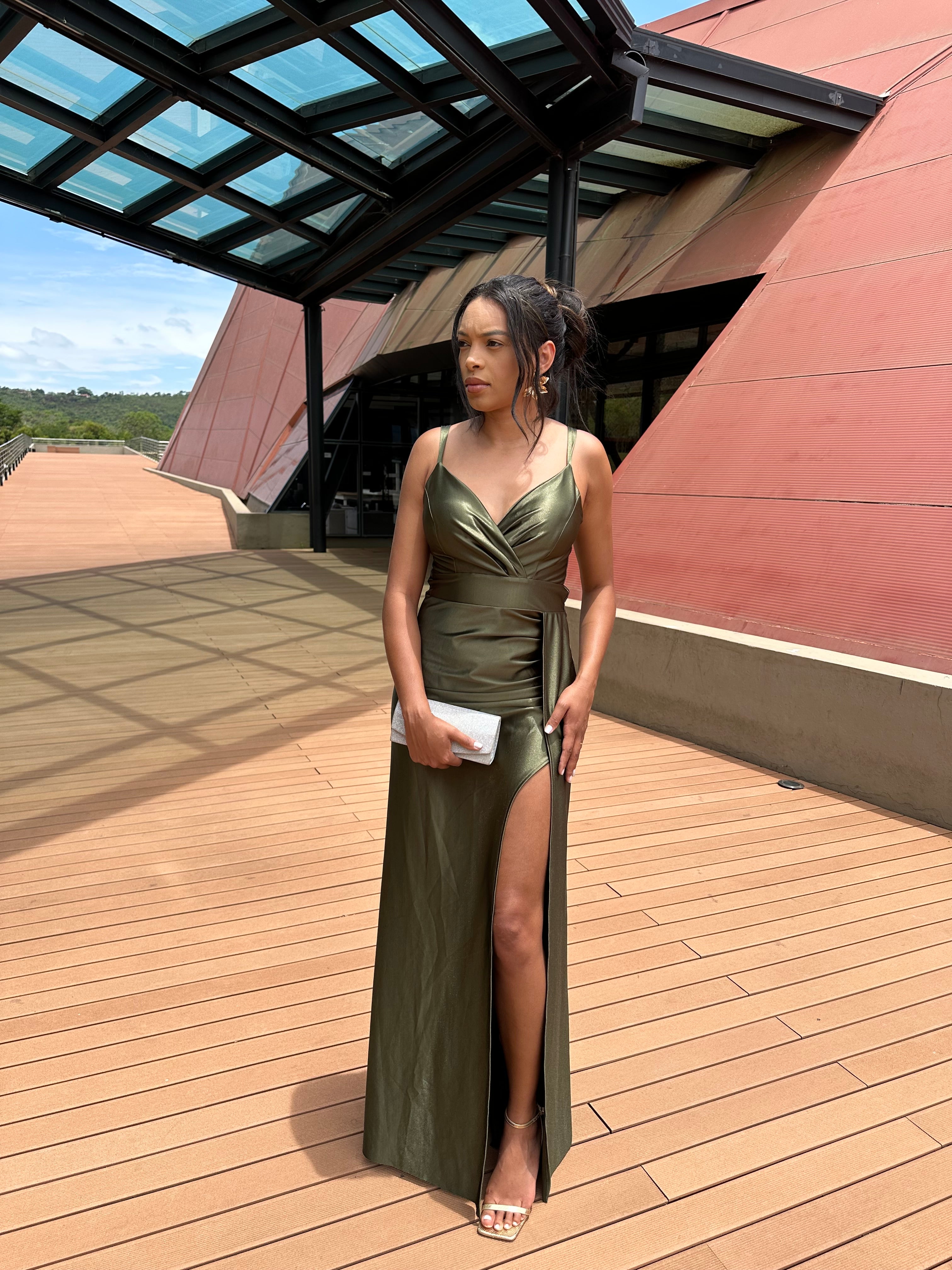 Vestido Longo verde oliva Acetinado Corset decote Joana