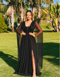Vestido longo Tule com Capas Laterais Preto