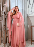 Vestido longo Tule com Capas Laterais Rose