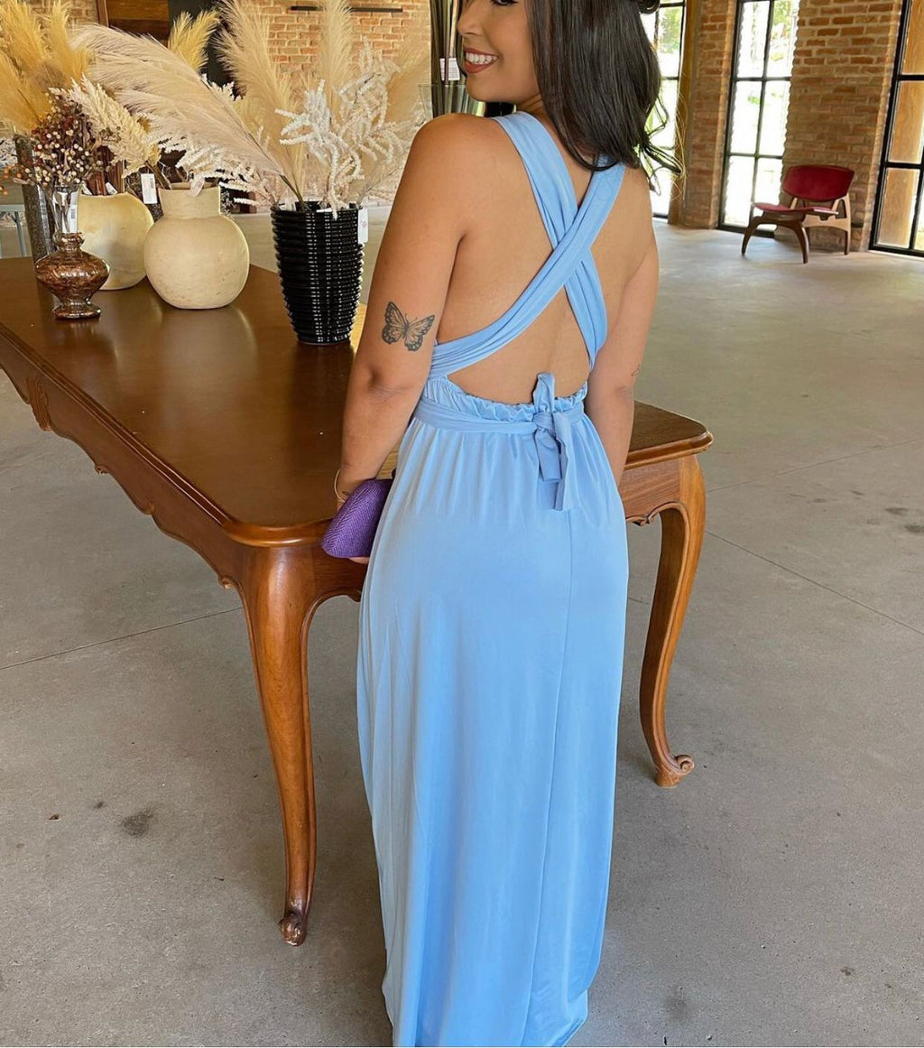 Vestido longo azul serenity madrinha multiformas 15 em 1