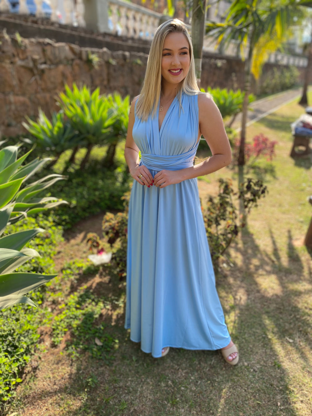 Vestido longo azul serenity madrinha multiformas 15 em 1