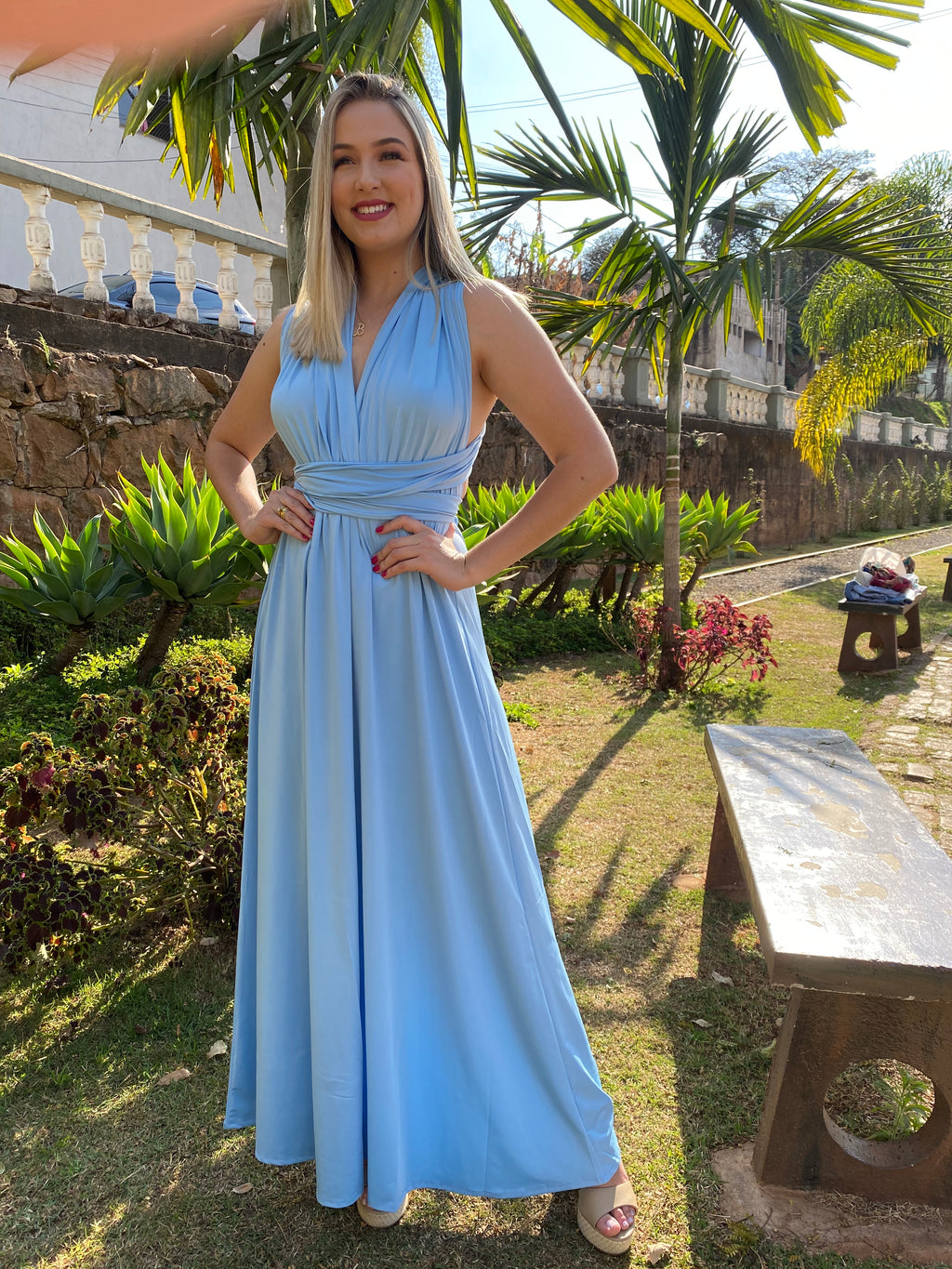 Vestido longo azul serenity madrinha multiformas 15 em 1